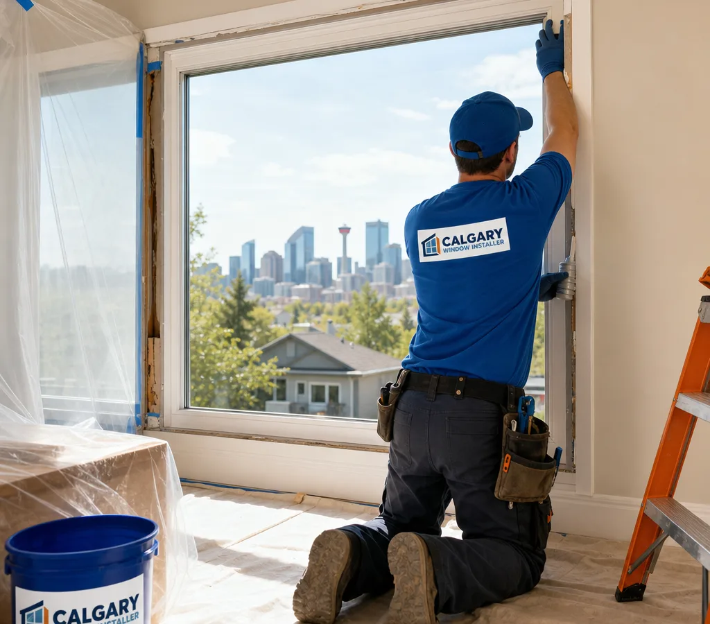 Technician installing a modern replacement window in a Calgary home with careful interior protection and exterior sealing detail
