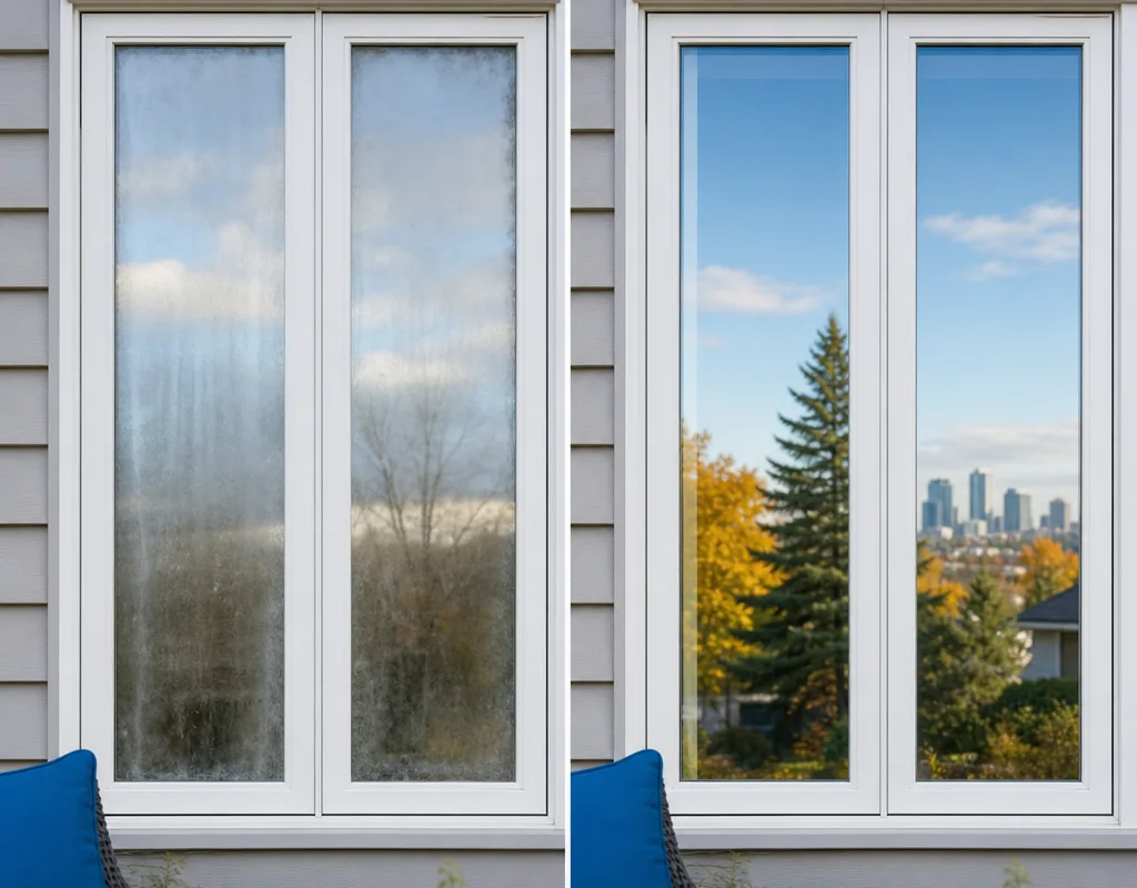 Before and after comparison of fogged double-pane glass and clear glass after insulated unit replacement