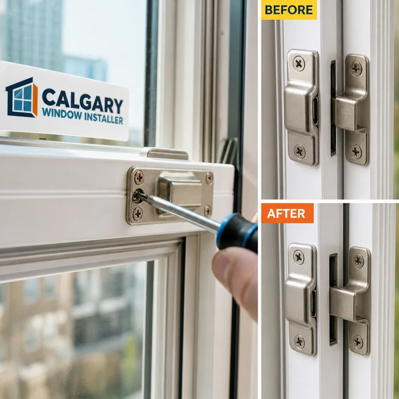 Casement window lock and keeper being realigned to compress the weatherstripping
