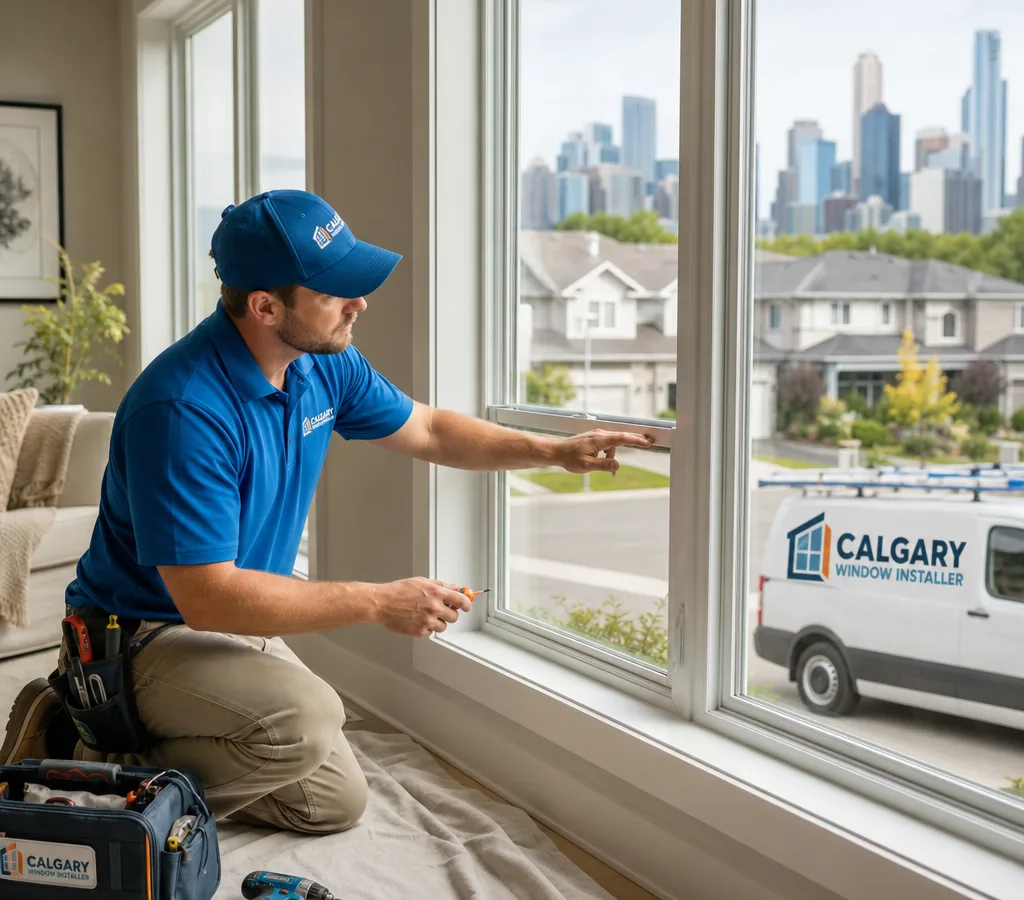 Technician inspecting sash operation and weatherstripping on a residential window in a Calgary home