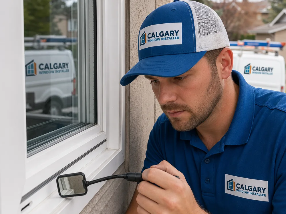 Technician checking window weatherstripping, weep holes, and drainage channels with an inspection light