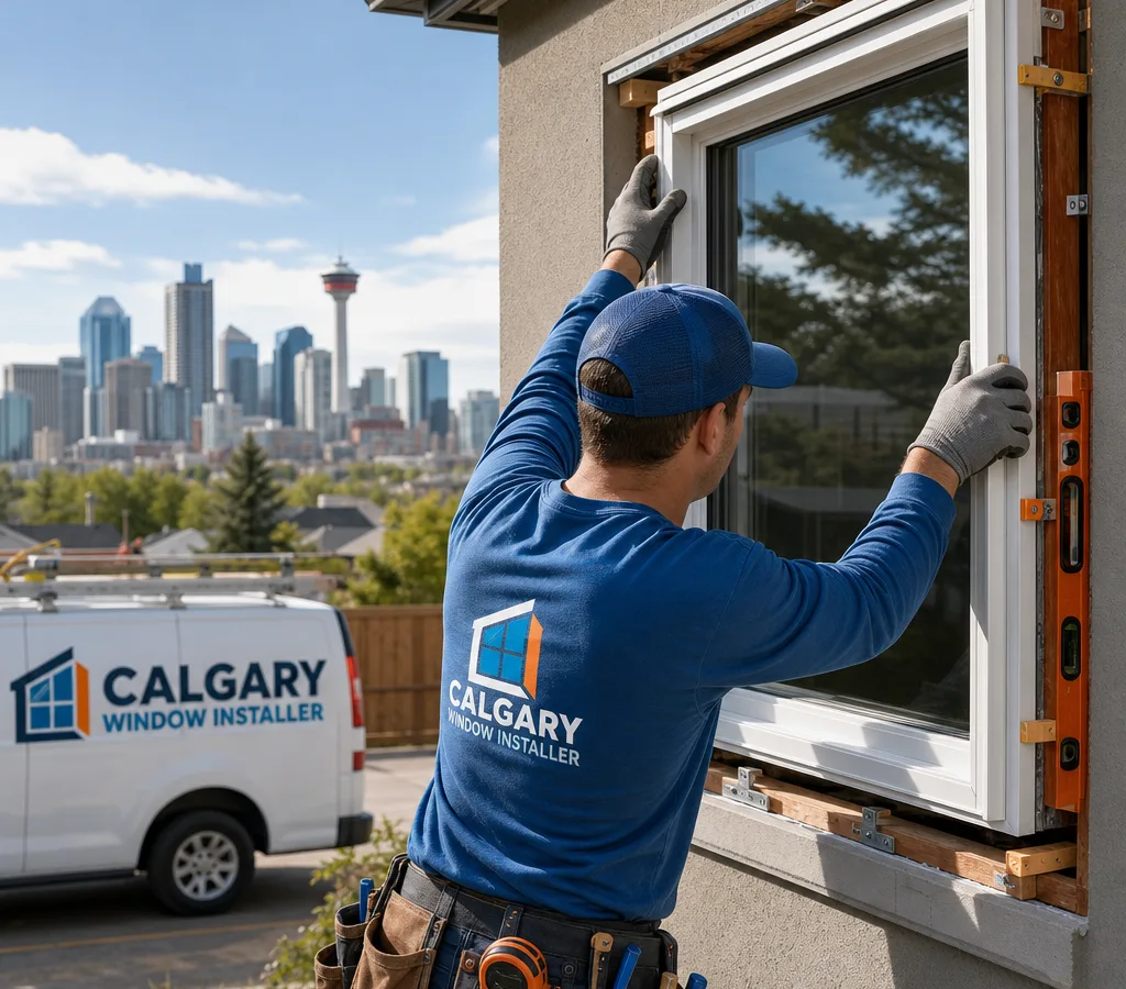 Installer setting a residential window into an exterior opening on a Calgary home