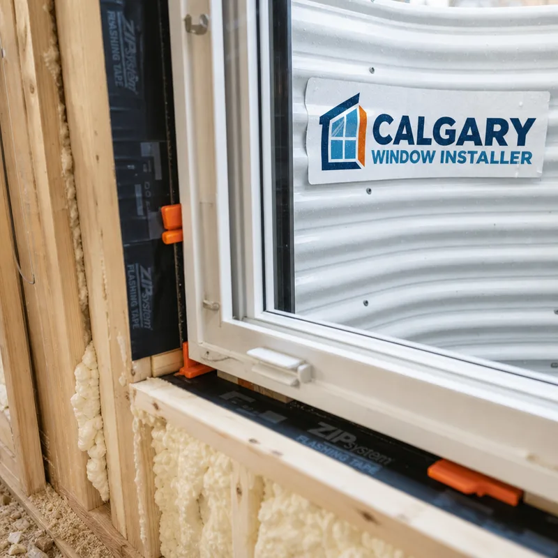 Egress window rough opening with framing, shims, sealing tape, and insulation before interior trim