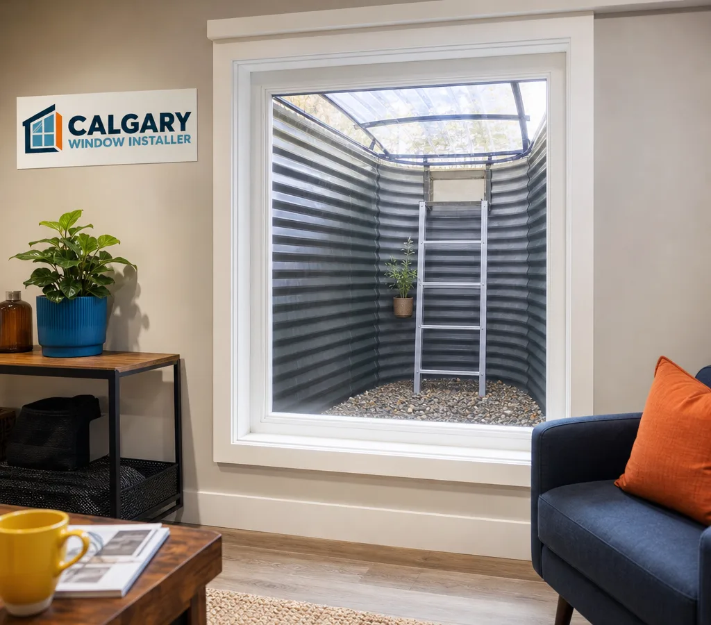 Finished basement egress window in a Calgary home with interior trim and an exterior window well, ladder, and cover