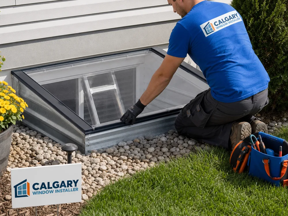 Exterior egress window well with a fitted cover and visible ladder set against finished landscaping