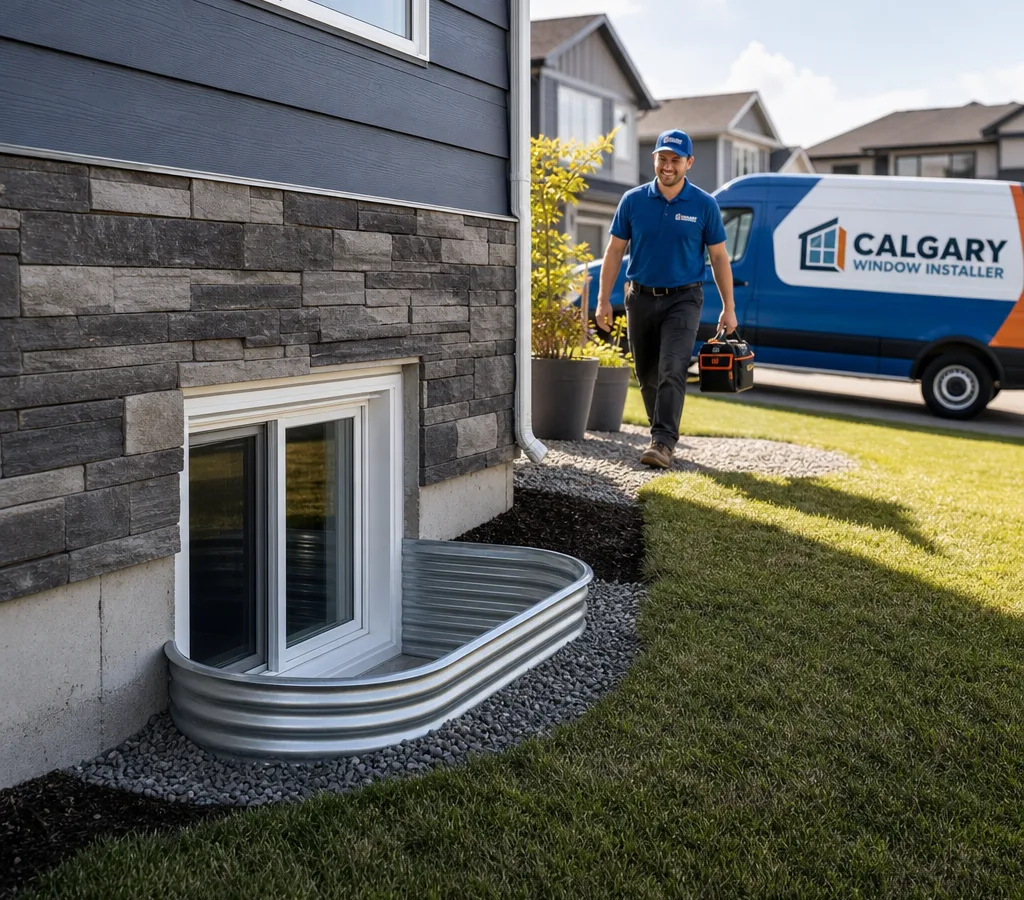 Calgary home exterior with a properly installed basement window well, clean backfill, and finished grade sloping away from the foundation