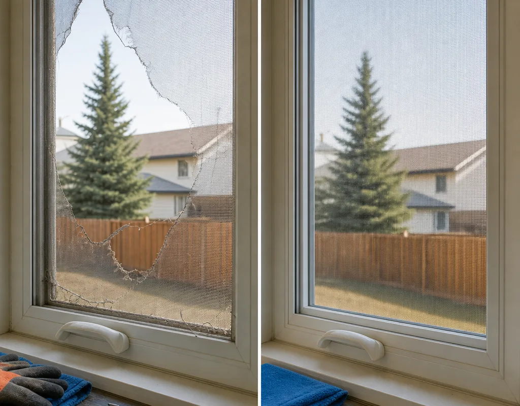 Before-and-after view of a torn window screen replaced with new mesh and re-seated spline