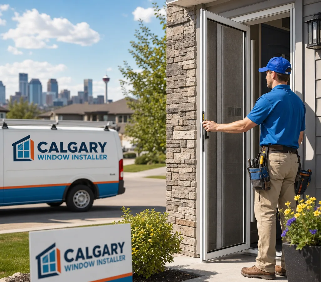 Calgary home exterior with a fitted screen door partially open, showing tight mesh and straight frame lines