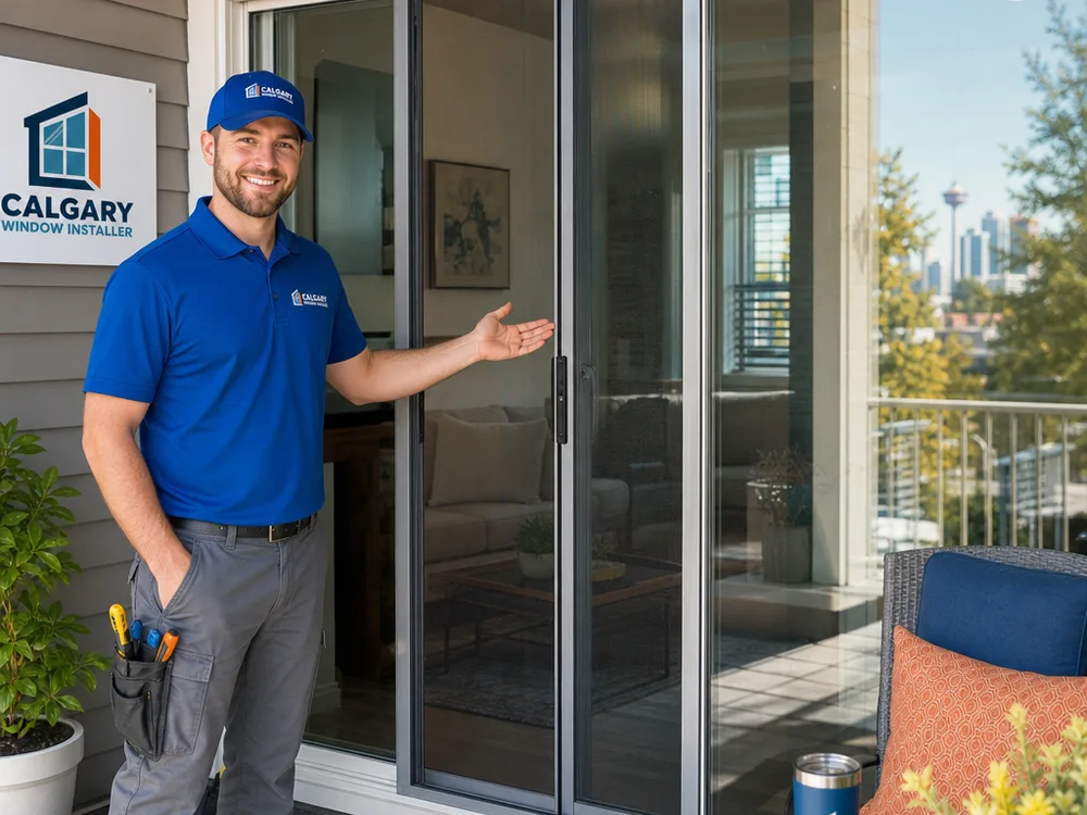 Installed sliding screen door on an aluminum patio system with even gaps and a flush latch meeting point