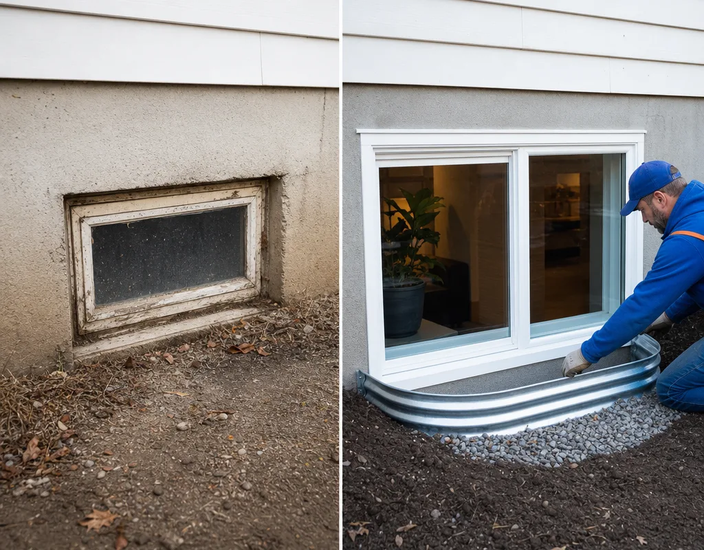 Before and after of a small basement window replaced with a larger opening and new window well for increased daylight