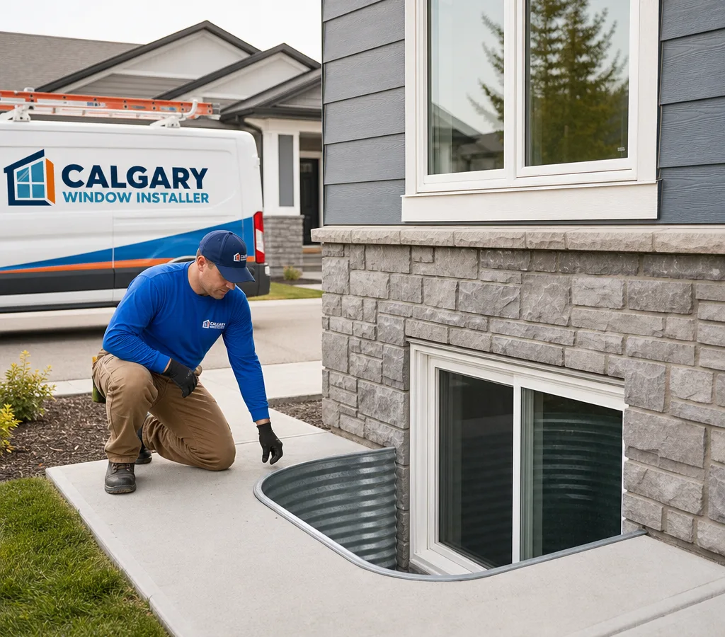 Exterior of a Calgary home with a newly installed basement egress window, finished trim, and code-height window well