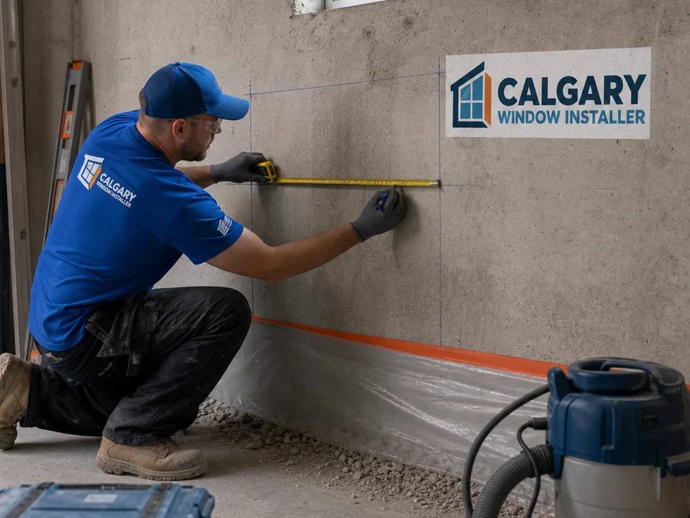 Technician measuring and marking a basement window opening on a concrete foundation wall with protective dust control