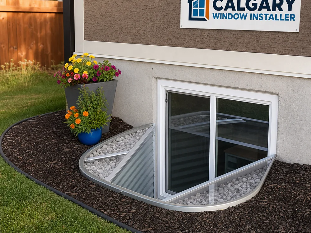 Exterior egress basement window with a window well and cover in a Calgary yard with neat backfill and restored landscaping