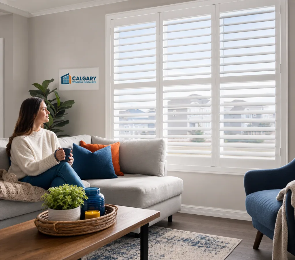 Calgary living room with crisp white plantation shutters controlling daylight and privacy