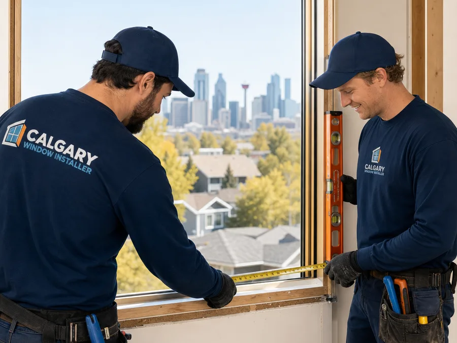 Two Calgary window installers reviewing opening measurements with a tape measure and level